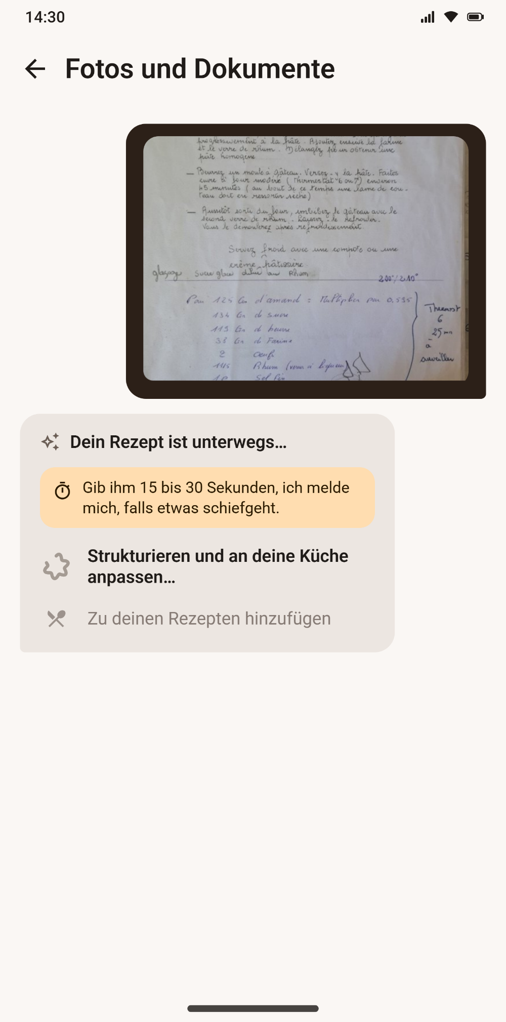 Import eines abfotografierten handschriftlichen Rezepts in Savoria