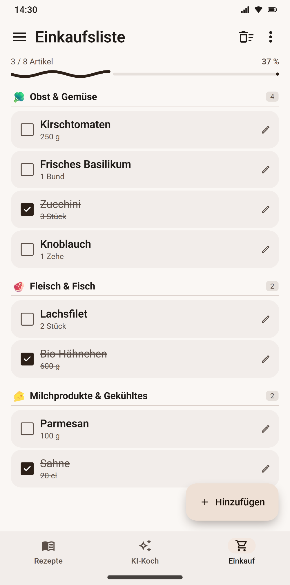 Nach Warengruppen sortierte Einkaufsliste in Savoria