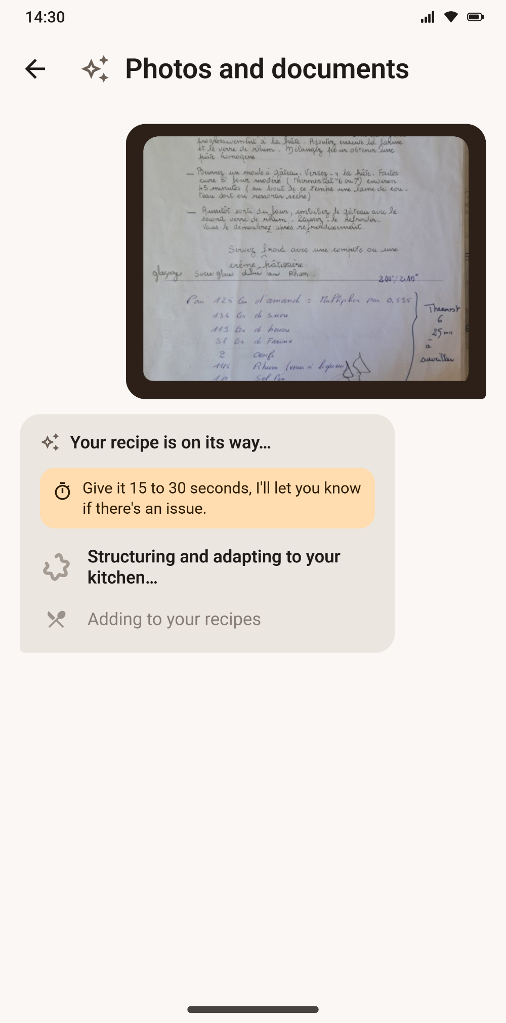 Importing a handwritten recipe photographed in Savoria