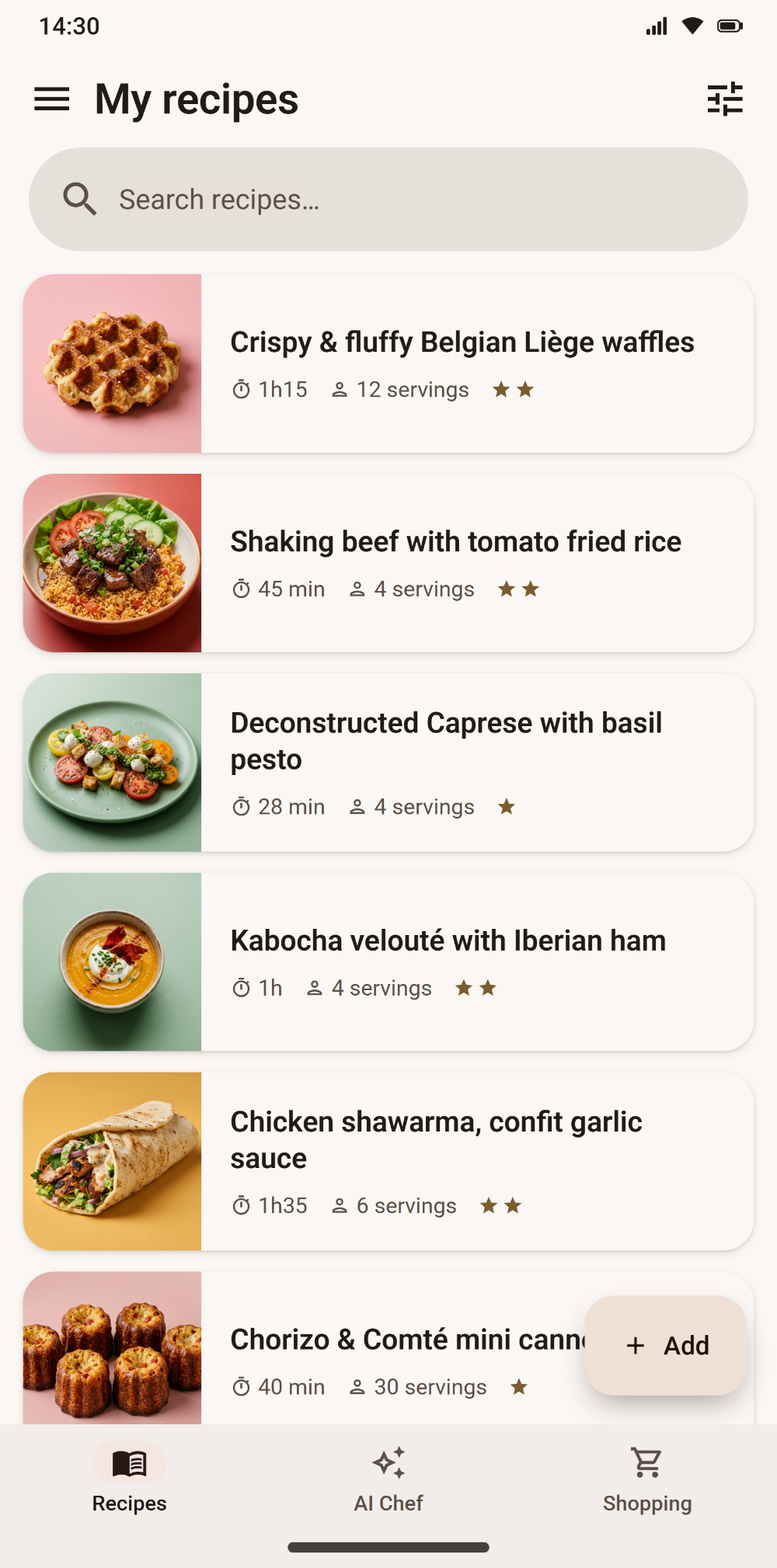 The user's recipe collection in Savoria