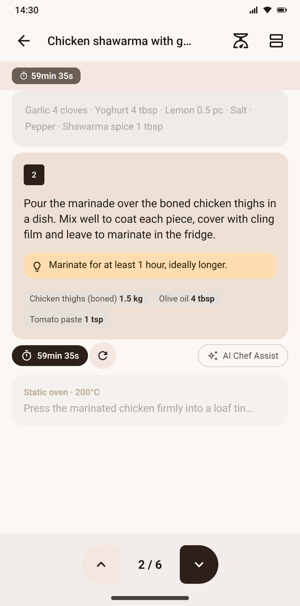 Step-by-step cooking mode with a timer in Savoria