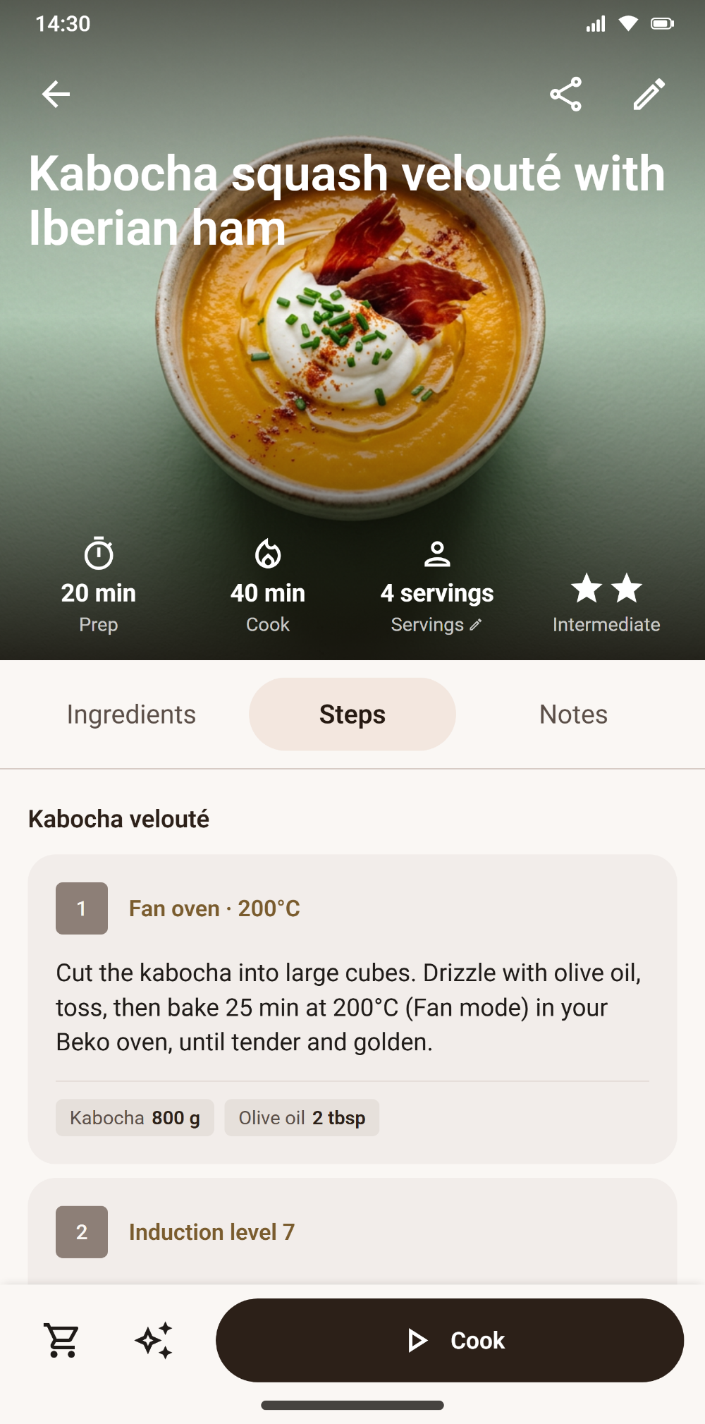 Savoria recipe card with cooking steps adapted to the user's oven