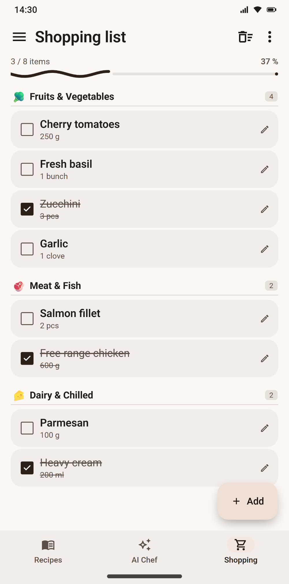 Shopping list sorted by aisle in Savoria