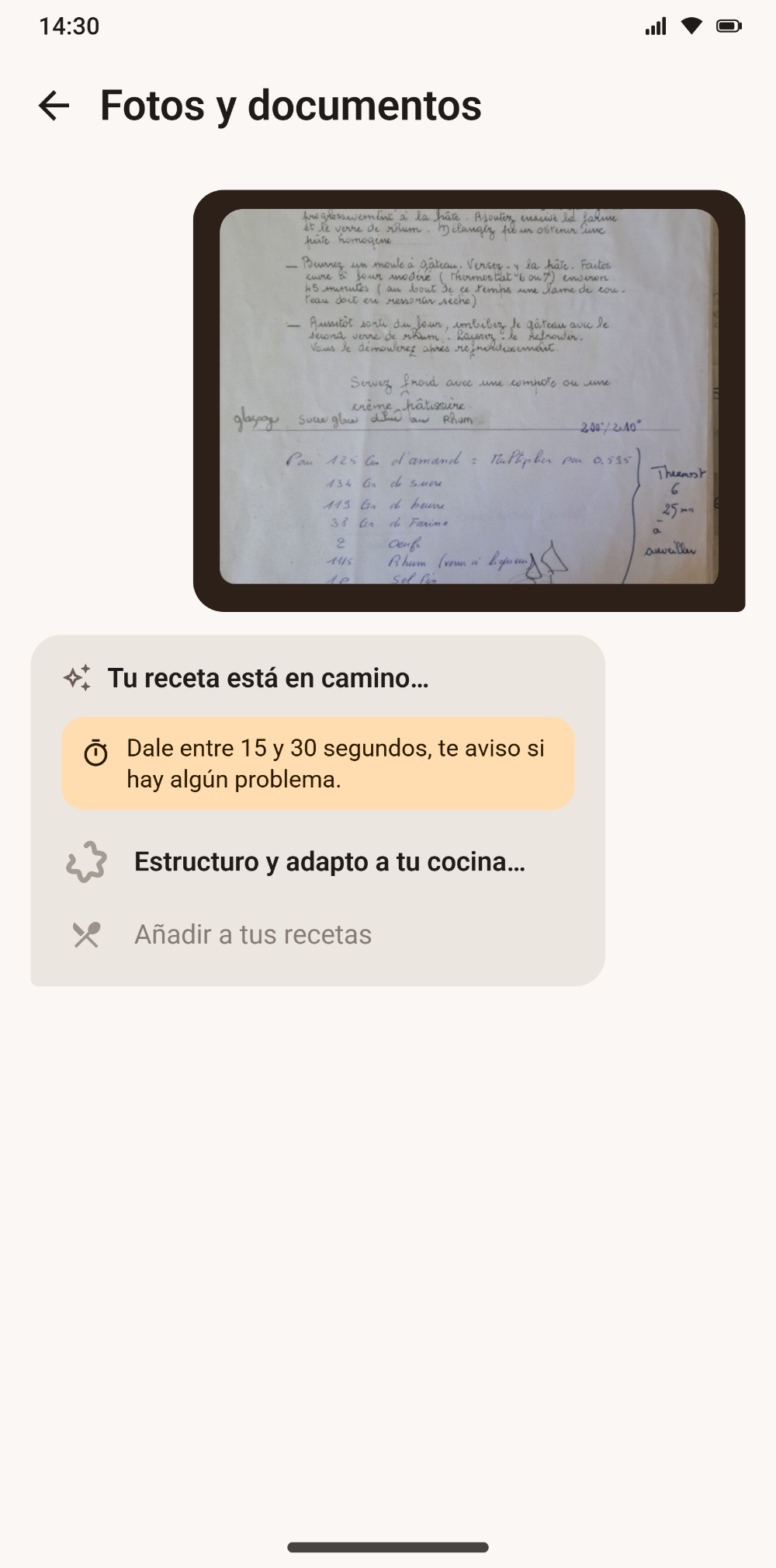 Importación de una receta escrita a mano fotografiada en Savoria