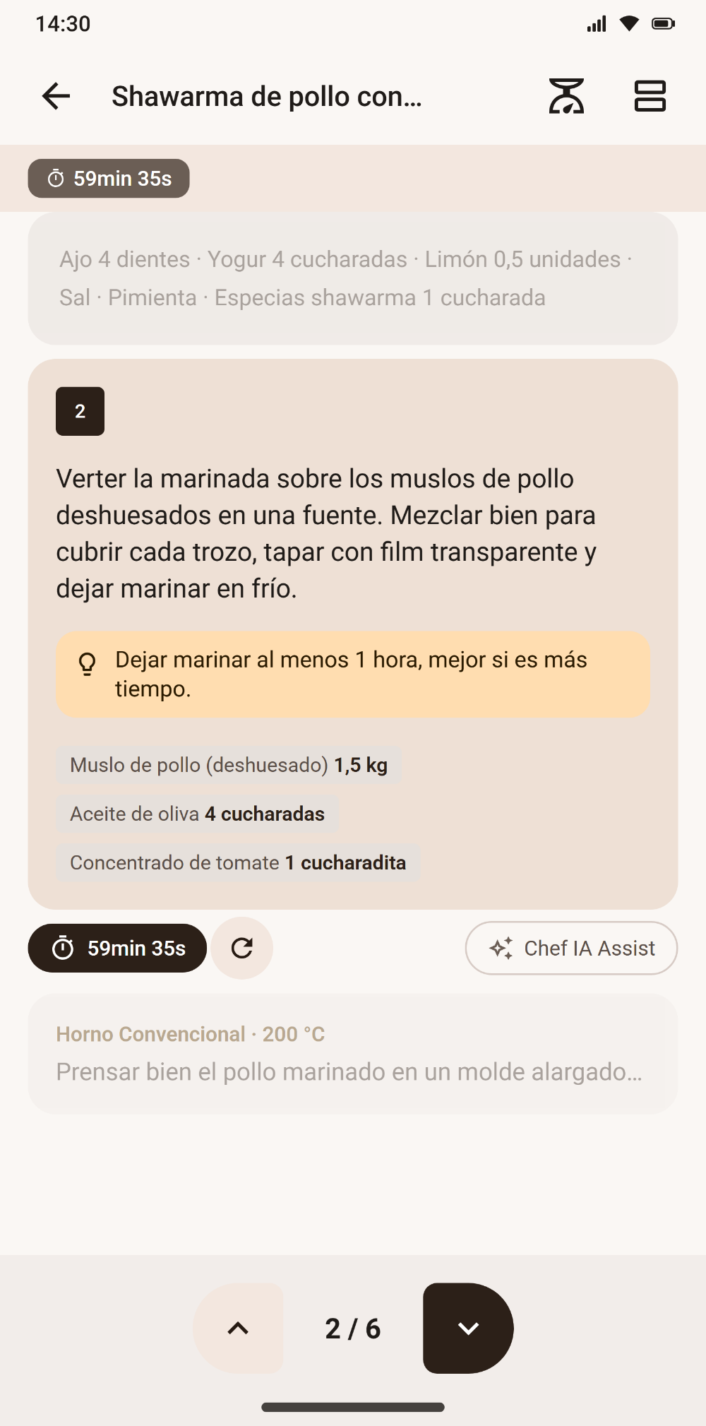 Modo cocina paso a paso con temporizador en Savoria