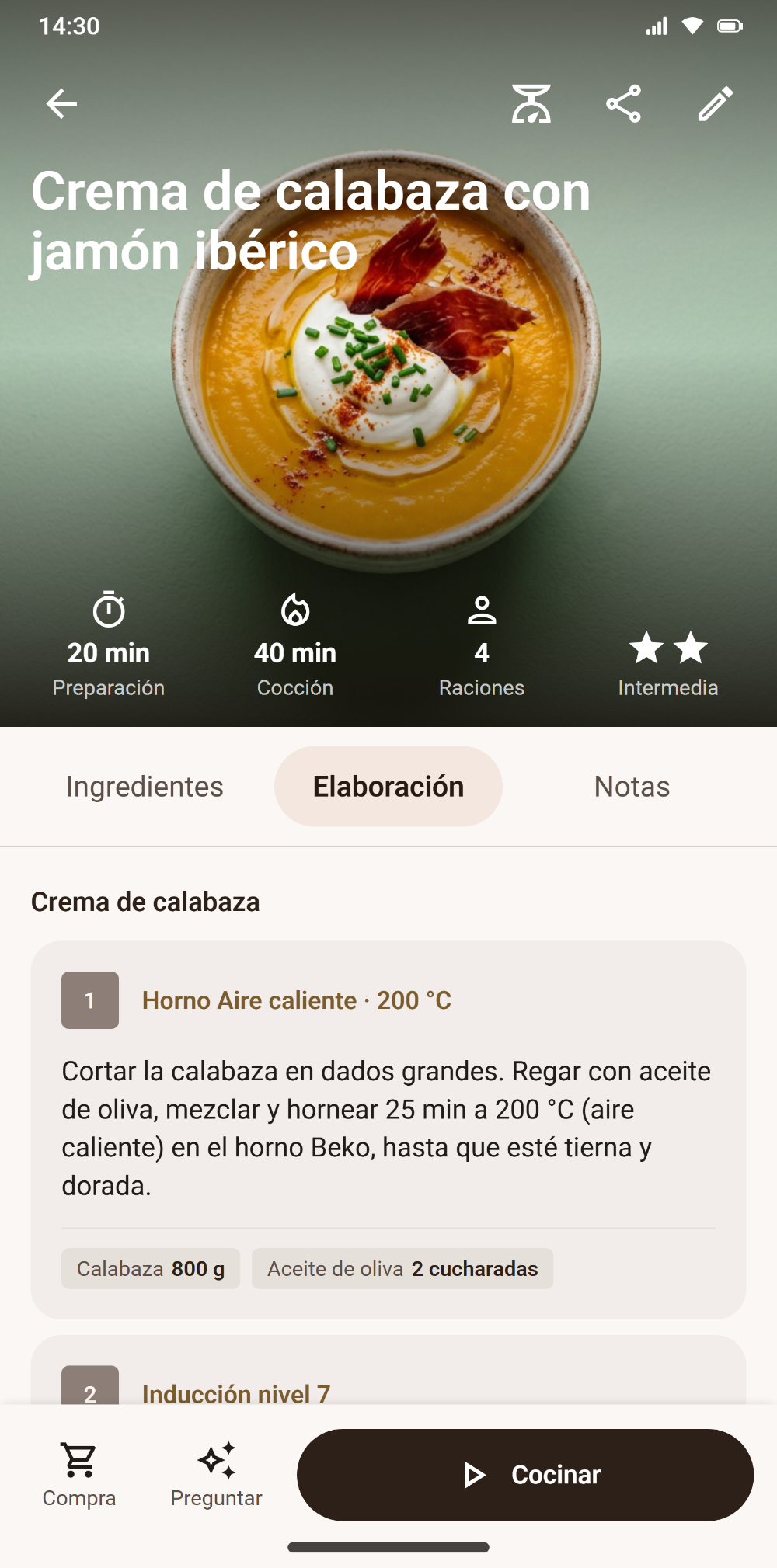 Ficha de receta de Savoria con los pasos de cocción adaptados al horno del usuario