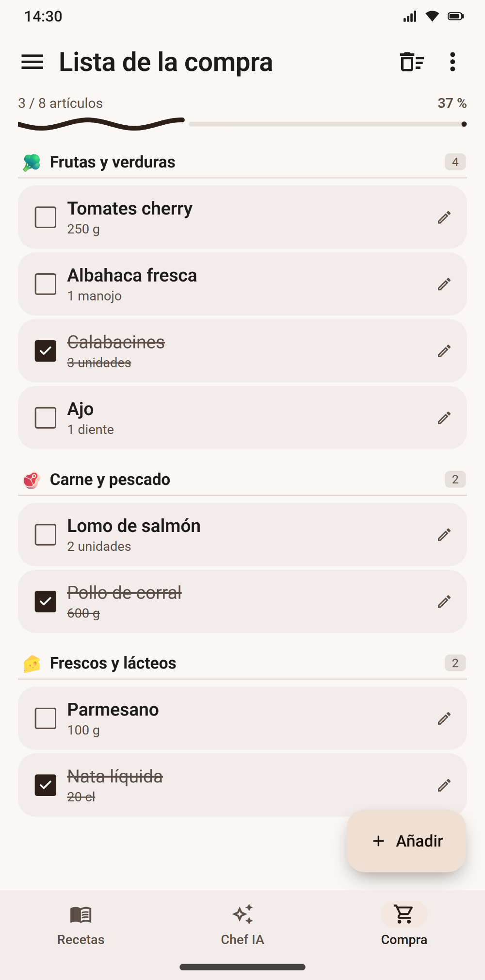 Lista de la compra ordenada por secciones en Savoria