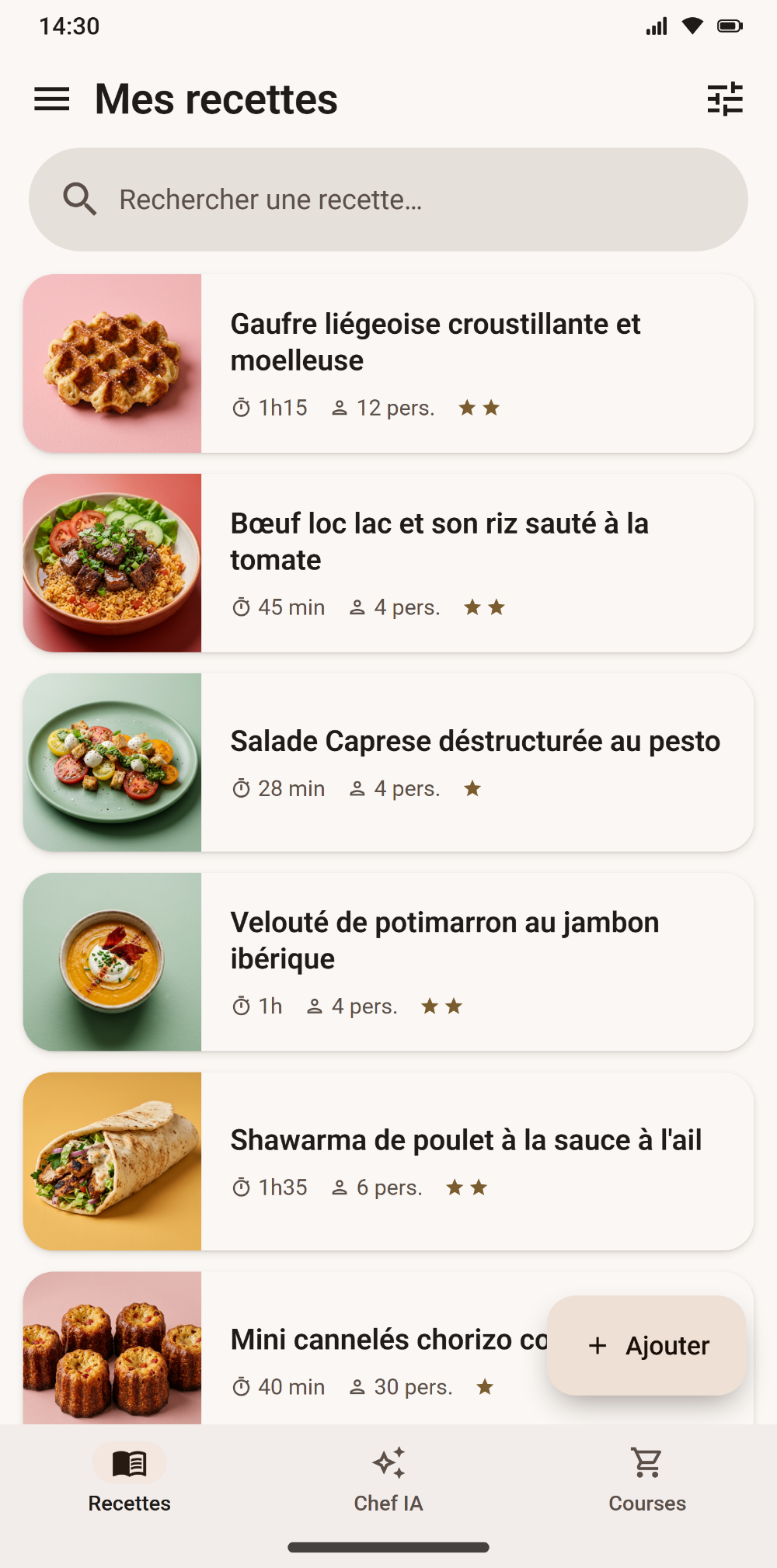 Collection de recettes de l'utilisateur dans Savoria