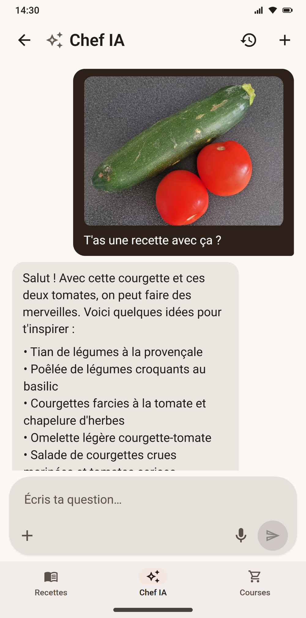 Chef IA de Savoria proposant des idées de recettes