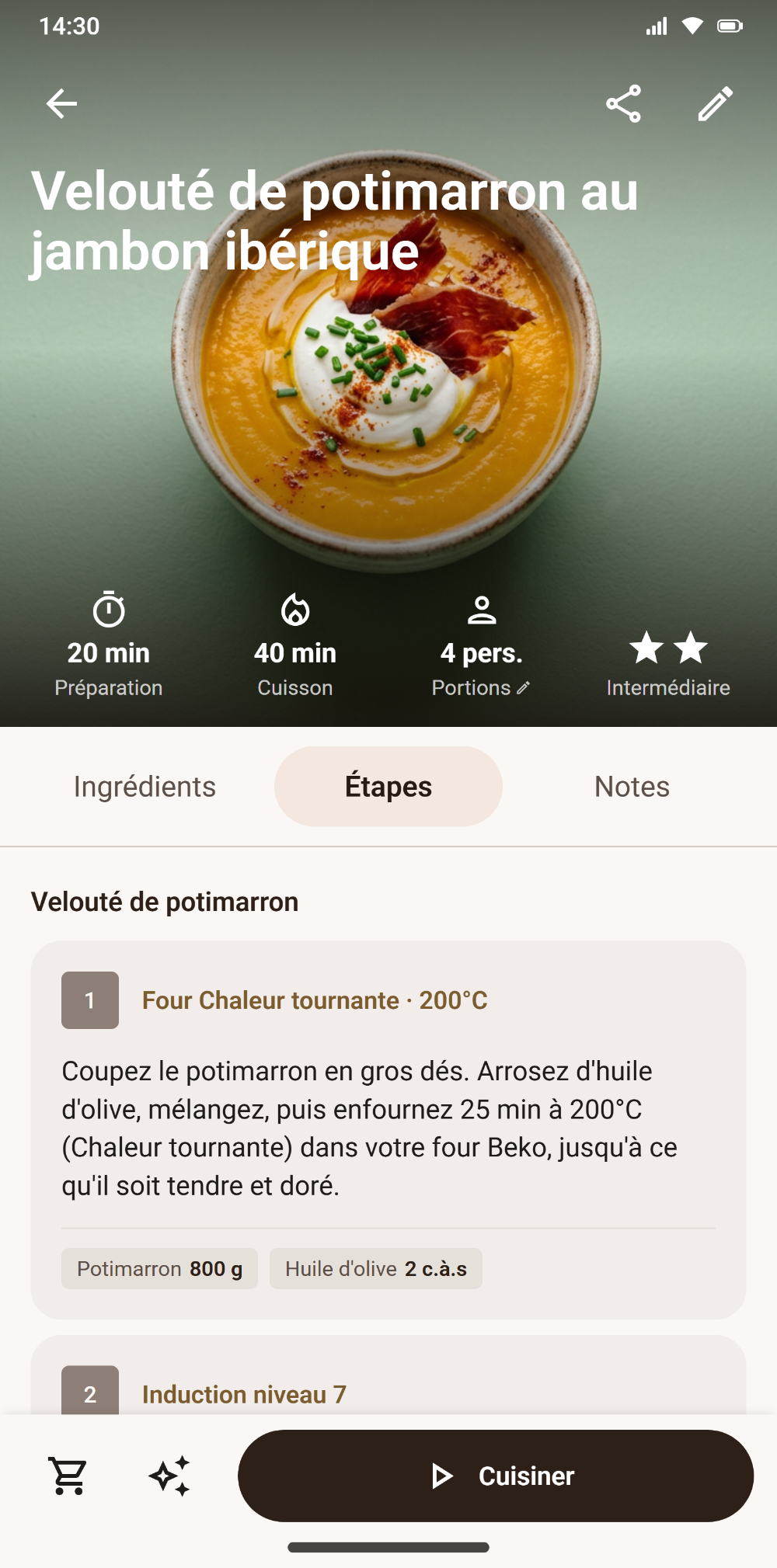 Fiche recette Savoria dont les étapes de cuisson sont adaptées au four de l'utilisateur