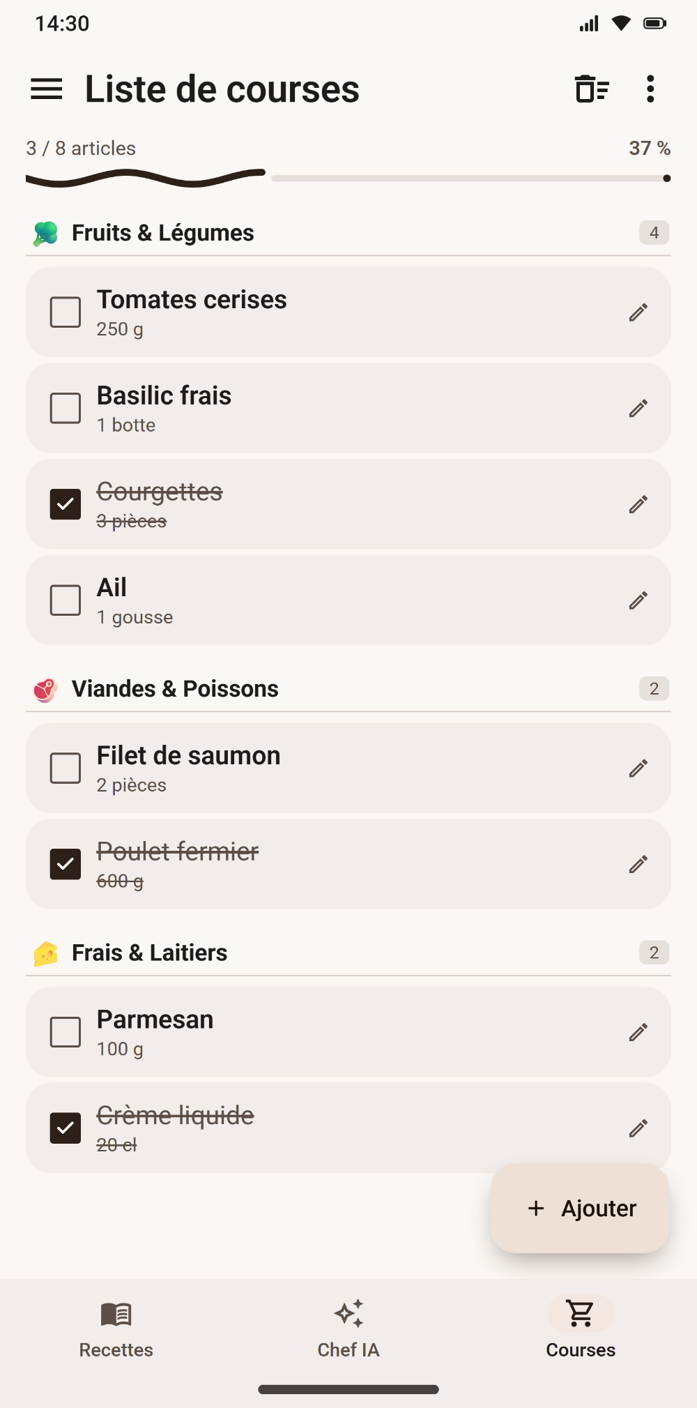 Liste de courses triée par rayon dans Savoria