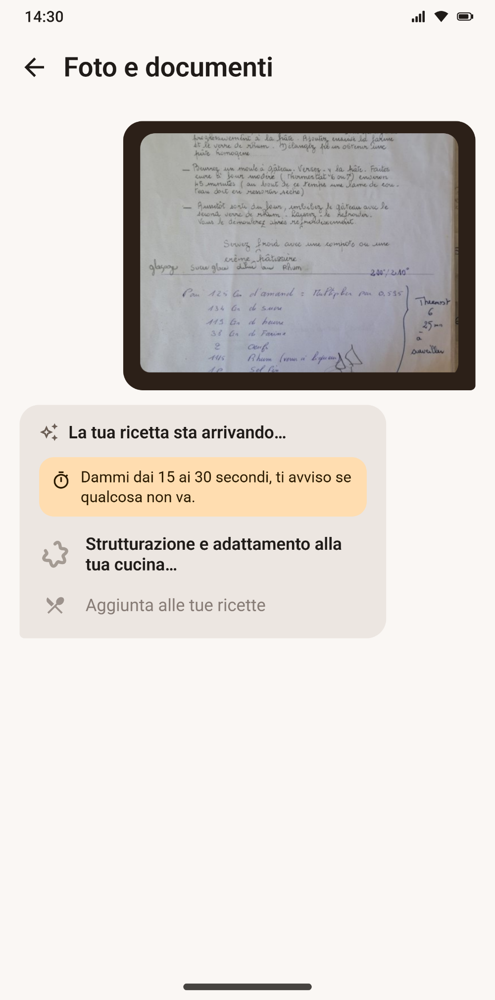 Importazione di una ricetta scritta a mano fotografata in Savoria