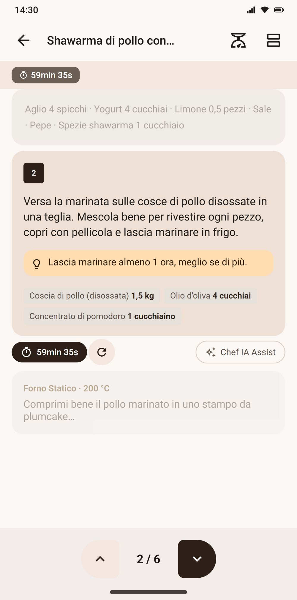Modalità cucina passo dopo passo con timer in Savoria