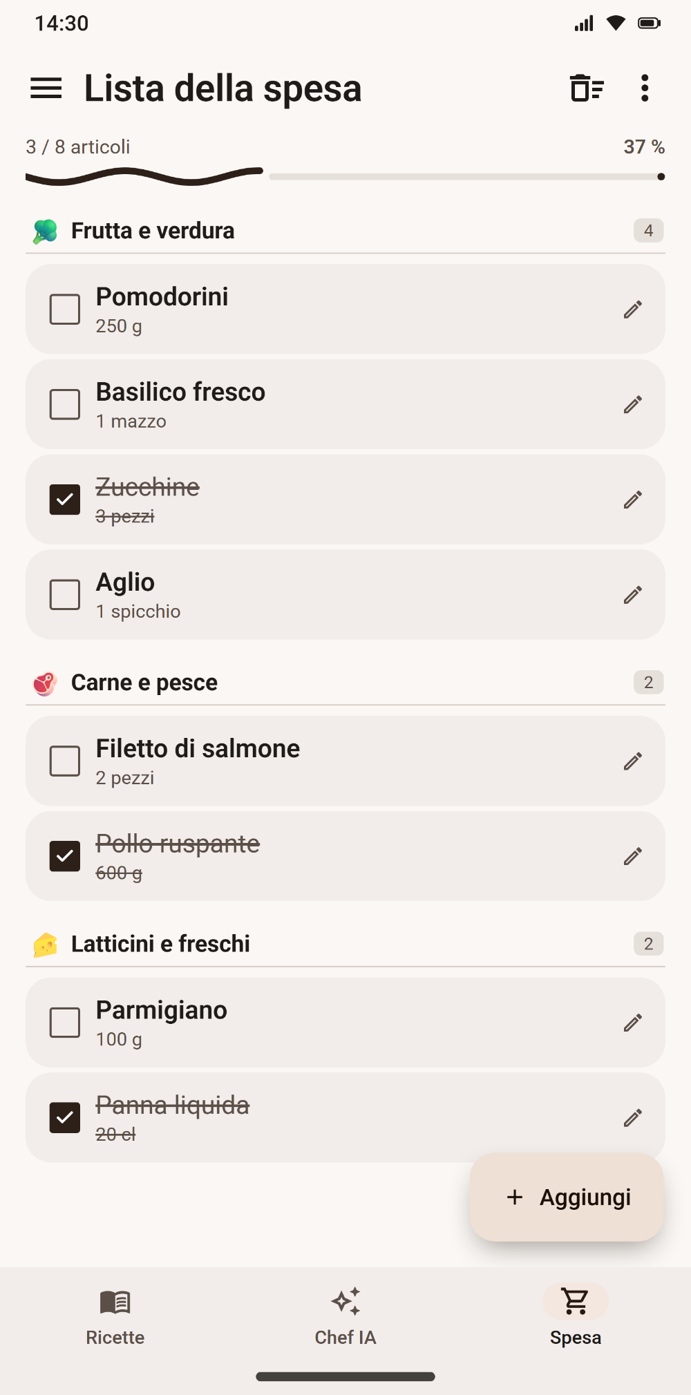 Lista della spesa ordinata per reparto in Savoria